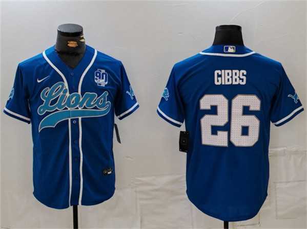 Mens Detroit Lions #26 Jahmyr Gibbs Blue With 90th Anniversary Patch Cool Base Stitched Baseball Jersey